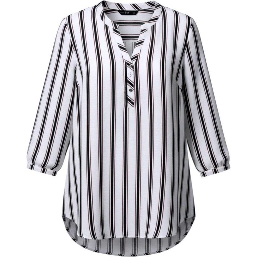 F&F Womens Vertical Stripe Henley Blouse 3/4 Sleeve White Black Burgundy Size 4